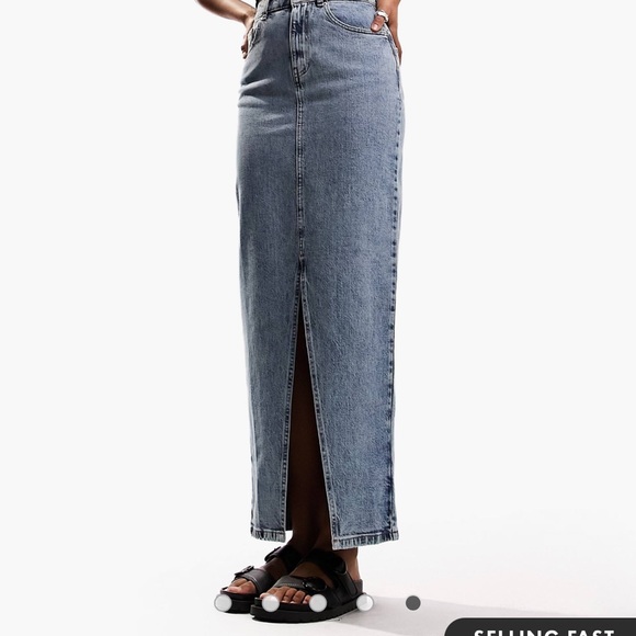 ASOS DESIGN Tall denim midi skirt with split hem in midwash - Picture 4 of 4